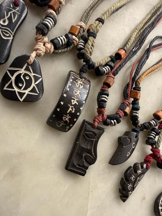 Handmade Tribal Ethnic Bone and Wood Pendant Necklace Collection with Adjustable - Picture 3 of 4